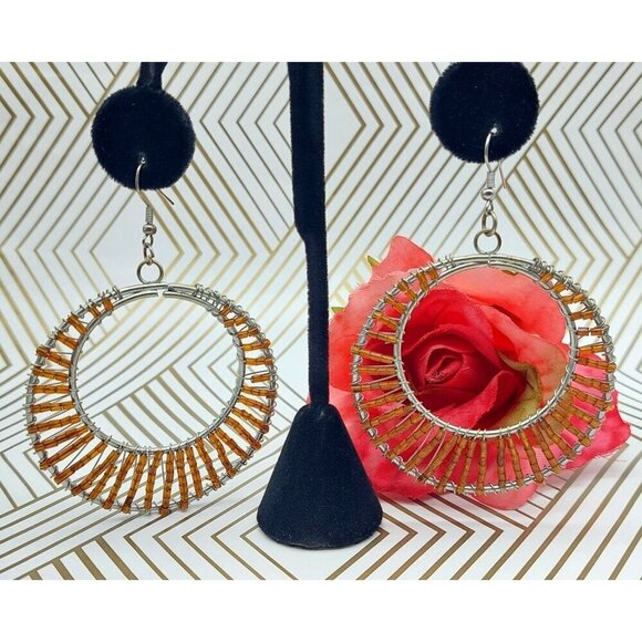 Pretty Large Silver Tone & Amber Color Seed Bead Statement Hoop Earrings Dangle - Picture 1 of 7